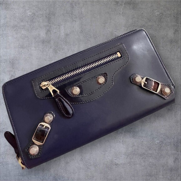 BALENCIAGA Purple Leather & Patent Leather Silver Stud Zip Around Wallet - Picture 1 of 10